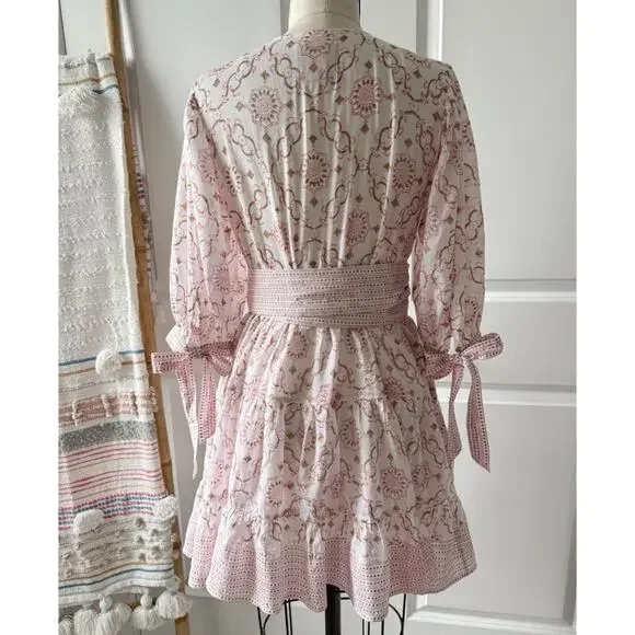 Bell by Alicia Bell Lucy Pink Gold Motif White Puff Sleeves Wrap Mini Dress XS - Picture 8 of 16